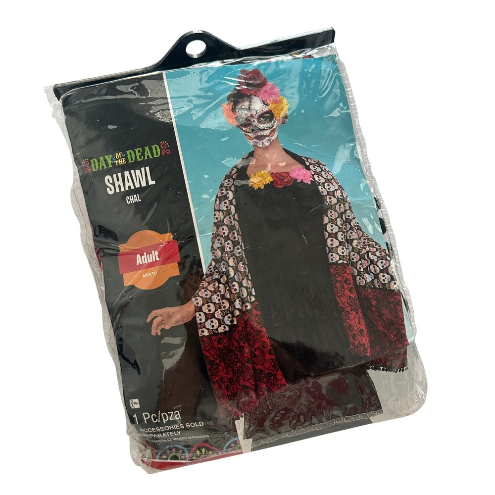 Amscan Day of the Dead Shawl Adult Sugar Skull Red Black Lace Print Pom-Pom Trim